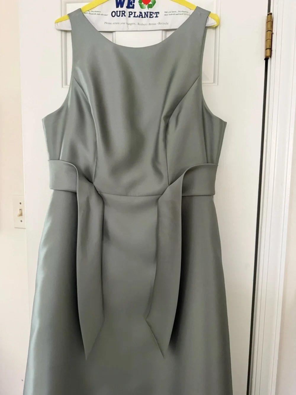 Alfred Sung Sleeveless Sage Green A-Line Dress with Waist Tie - Bridesmaid Dress - Picture 2 of 6